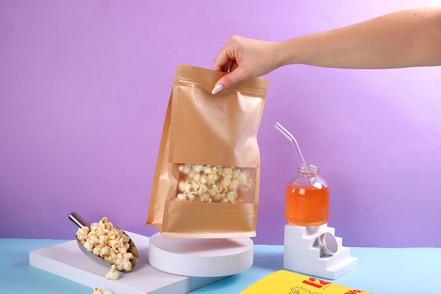 Kesice kraft DoyPack 180x80x280 mm, sa zip zatvaranjem, ventilom, prozorom, unutrašnjim i spoljašnjim providnim premazom i sa mogućnošću termo zatvaranja – 25 kom Kesice kraft DoyPack 180x80x280 mm, sa zip zatvaranjem, ventilom, prozorom, unutrašnjim i spoljašnjim providnim premazom i sa mogućnošću termo zatvaranja – 25 kom
