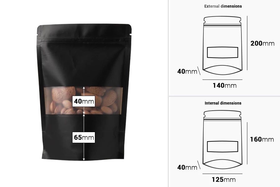 DoyPack kesice sa zip zatvaranjem, prozorom, ovalnim dnom i sa mogućnošću termo zatvaranja 140x40x200mm - 100komada-dimenzije_slike