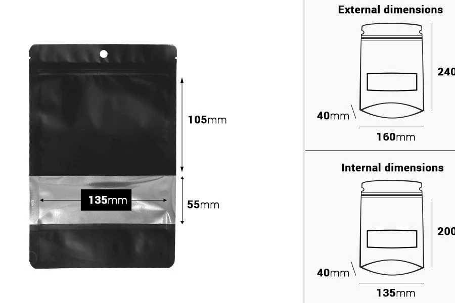 Crna aluminijumska DoyPack kesica sa zip zatvaranjem, prozorom, ovalnim dnom i sa mogućnošću termo lepljenja 160x40x240mm - 100kom
