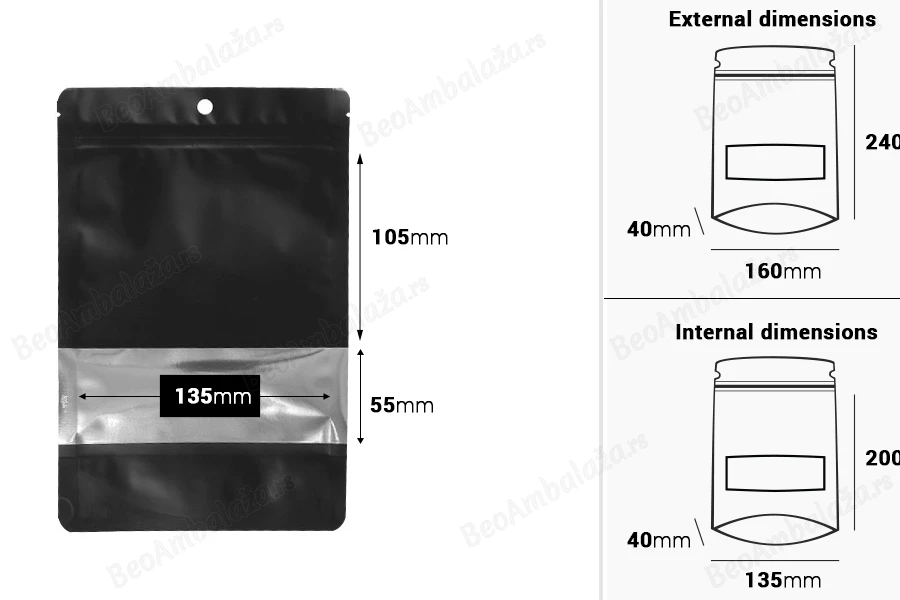 Crna aluminijumska DoyPack  kesica sa zip zatvaranjem 160x40x240mm, prozorom, ovalnim dnom i sa mogućnošću termo lepljenja - 100kom-dimenzije_slike