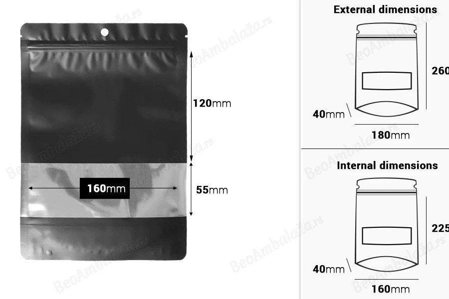 Crna aluminijumska DoyPack  180x40x260 mm kesica sa zip zatvaranjem, prozorom, ovalnim dnom i sa mogućnošću termo lepljenja - 100kom-dimenzije_slike