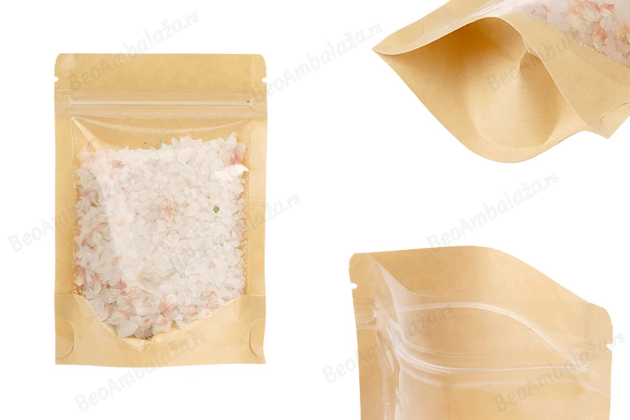 Kraft (14c) DoyPack kesice 100x35x150mm sa providnom prednjom stranom (8c), zip zatvaranjem i mogućnošću termo zatvaranja – 100 kom-slika_proizvoda