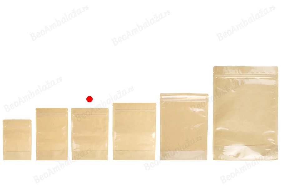 Kraft (14c) DoyPack kesice 140x40x200mm sa providnom prednjom stranom (8c), zip zatvaranjem i mogućnošću termo zatvaranja – 100 kom-grupa_slika