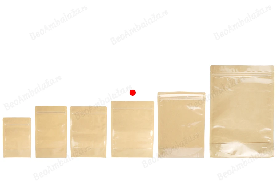 Kraft (14c) DoyPack kesice 160x40x220mm sa providnom prednjom stranom (8c), zip zatvaranjem i mogućnošću termo zatvaranja – 100 kom-grupa_slika
