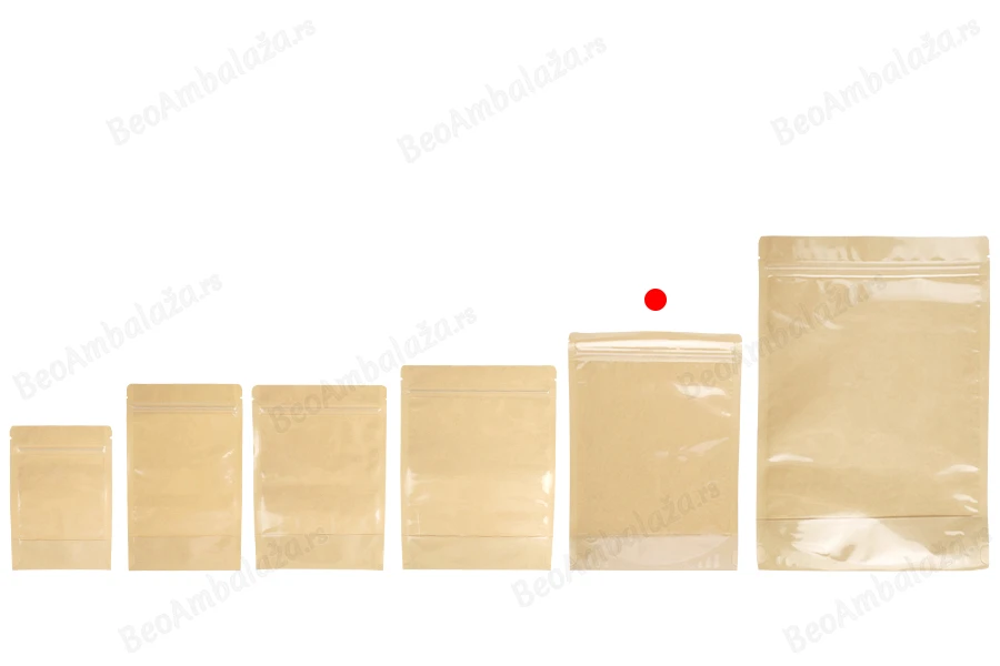 Kraft (14c) DoyPack kesice 180x40x260mm sa providnom prednjom stranom (8c), zip zatvaranjem i mogućnošću termo zatvaranja – 100 kom-grupa_slika