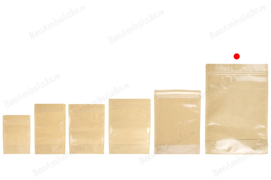 Kraft (14c) DoyPack kesice 200x50x300mm sa providnom prednjom stranom (8c), zip zatvaranjem i mogućnošću termo zatvaranja – 100 kom-grupa_slika