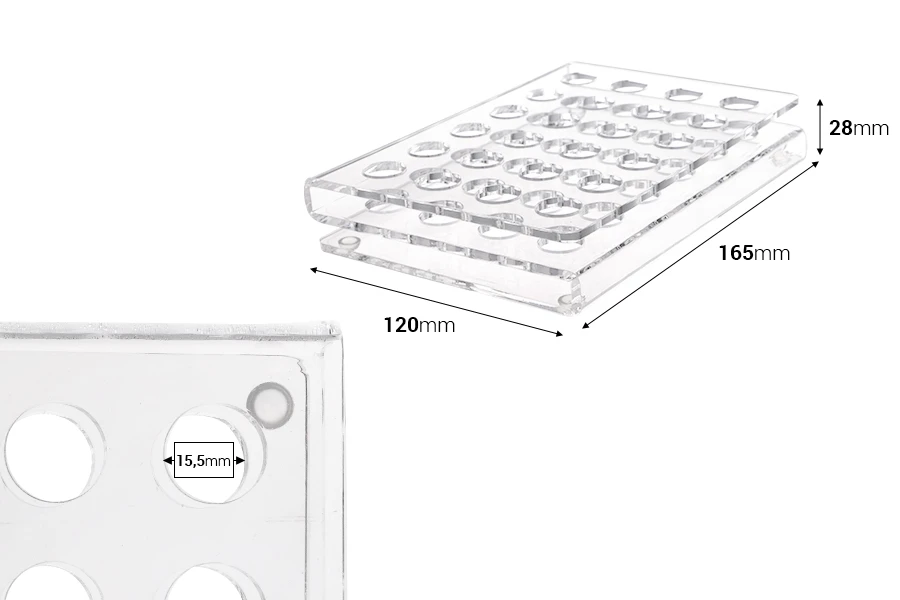 Stalak (postolje) od pleksiglasa 165x120x28mm - 24 otvora prečnika 15,5mm Stalak (postolje) od pleksiglasa 165x120x28mm - 24 otvora prečnika 15,5mm