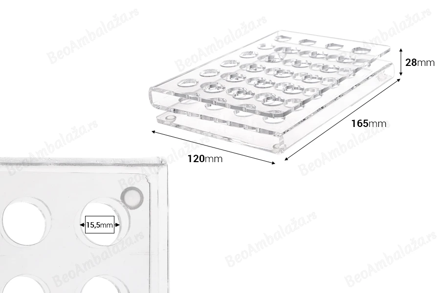 Stalak (postolje) od pleksiglasa 165x120x28mm - 24 otvora prečnika 15,5mm-dimenzije_slike