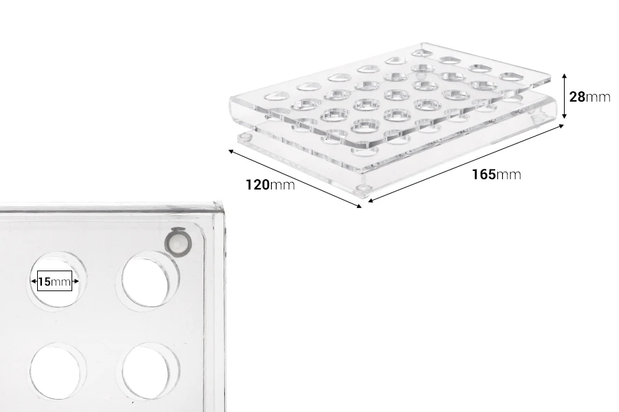 Stalak od pleksiglasa 165x120x28mm - 24 otvora prečnika 15mm Stalak od pleksiglasa 165x120x28mm - 24 otvora prečnika 15mm