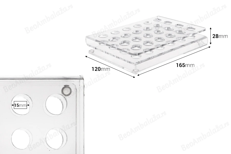 Stalak od pleksiglasa 165x120x28mm - 24 otvora prečnika 15mm-dimenzije_slike