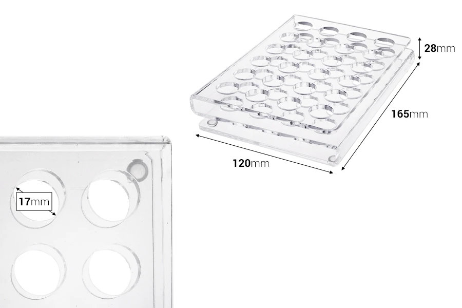 Stalak (postolje) od pleksiglasa 165x120x28mm - 24 otvora prečnika 17mm Stalak (postolje) od pleksiglasa 165x120x28mm - 24 otvora prečnika 17mm