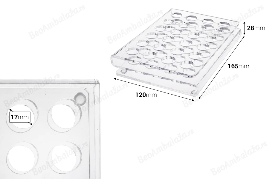 Stalak (postolje) od pleksiglasa 165x120x28mm - 24 otvora prečnika 17mm-dimenzije_slike