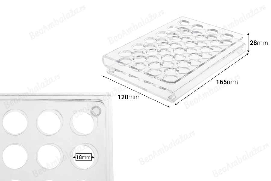 Stalak (postolje) od pleksiglasa 165x120x28mm - 24 otvora prečnika 18mm-dimenzije_slike