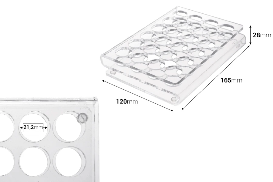 Stalak (postolje) od pleksiglasa 165x120x28mm - 24 otvora prečnika 21mm Stalak (postolje) od pleksiglasa 165x120x28mm - 24 otvora prečnika 21mm