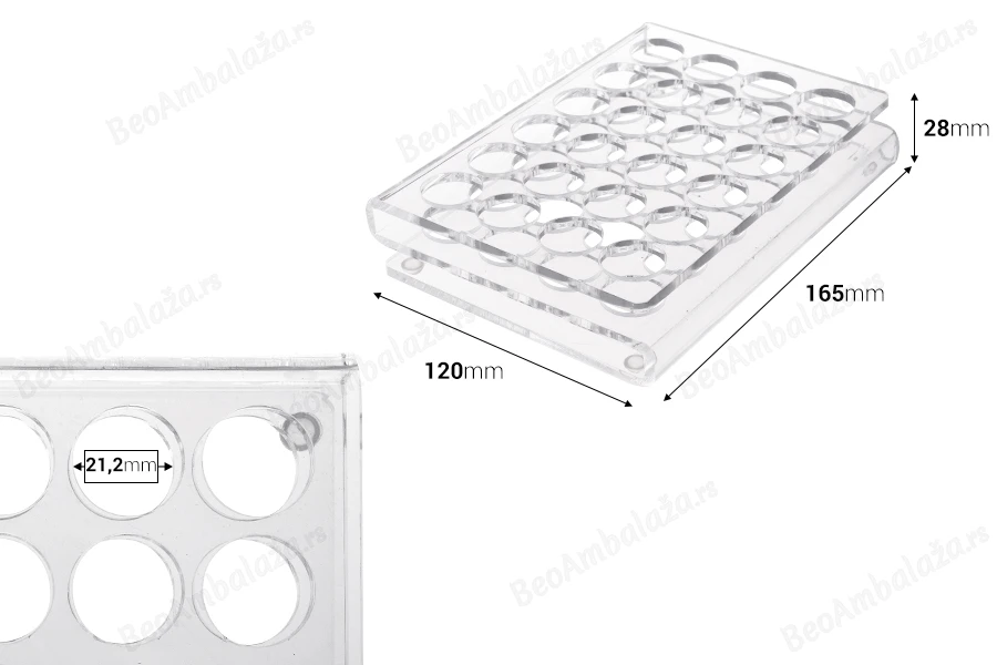 Stalak (postolje) od pleksiglasa 165x120x28mm - 24 otvora prečnika 21mm-dimenzije_slike