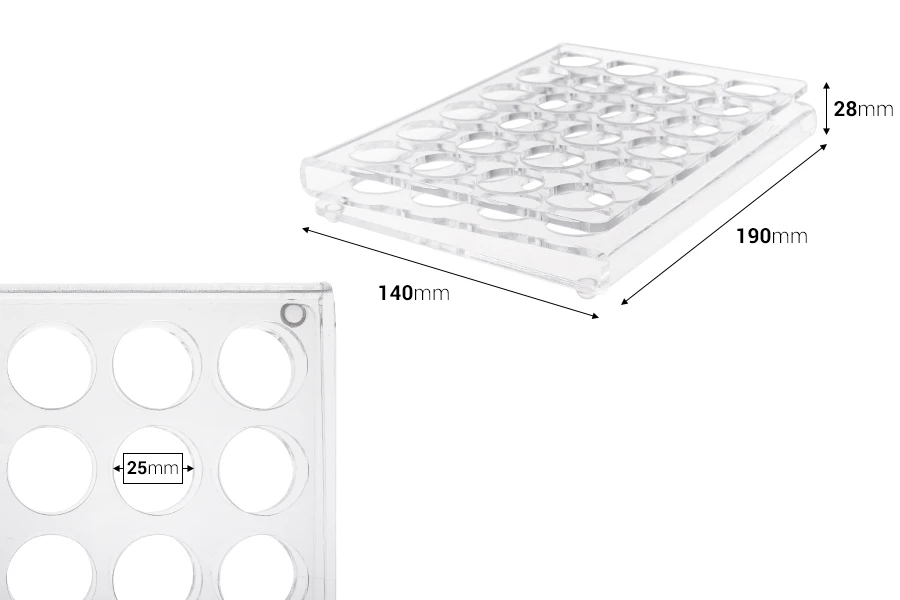 Stalak (postolje) od pleksiglasa 190x140x28mm - 24 otvora prečnika 25mm Stalak (postolje) od pleksiglasa 190x140x28mm - 24 otvora prečnika 25mm