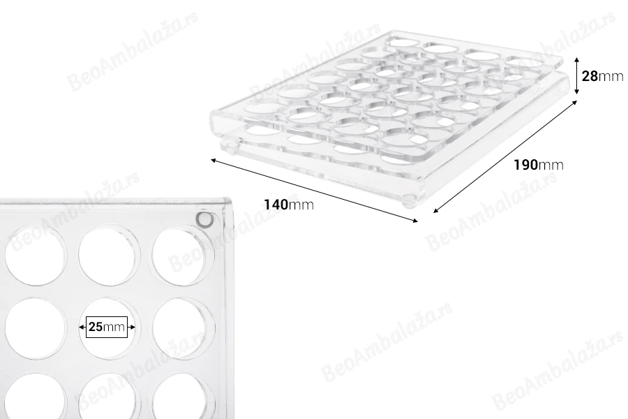 Stalak (postolje) od pleksiglasa 190x140x28mm - 24 otvora prečnika 25mm-dimenzije_slike