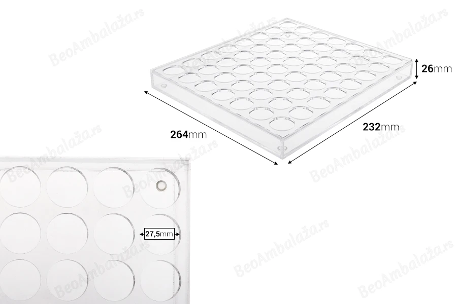 Stalak (postolje) od pleksiglasa 264x232x26mm - 56 otvora prečnika 27,5mm-dimenzije_slike