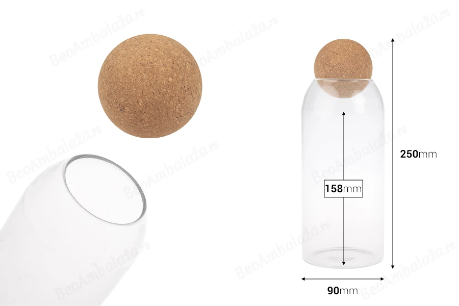 Staklena providna posuda 1100mL sa čepom od prirodne plute u obliku kugle-dimenzije_slike