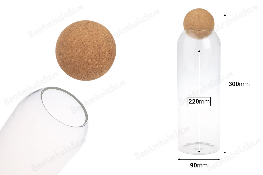 Staklena providna posuda 1400mL sa čepom od prirodne plute u obliku kugle-dimenzije_slike