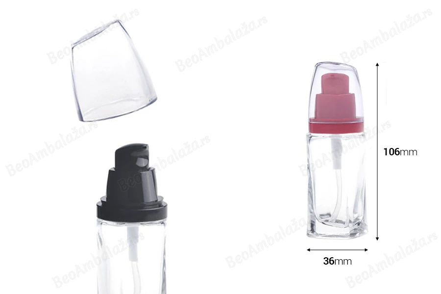 Staklena četvrtasta bočica 30mL za kreme sa plastičnom pumpicom i providnim zatvaračem-dimenzije_slike