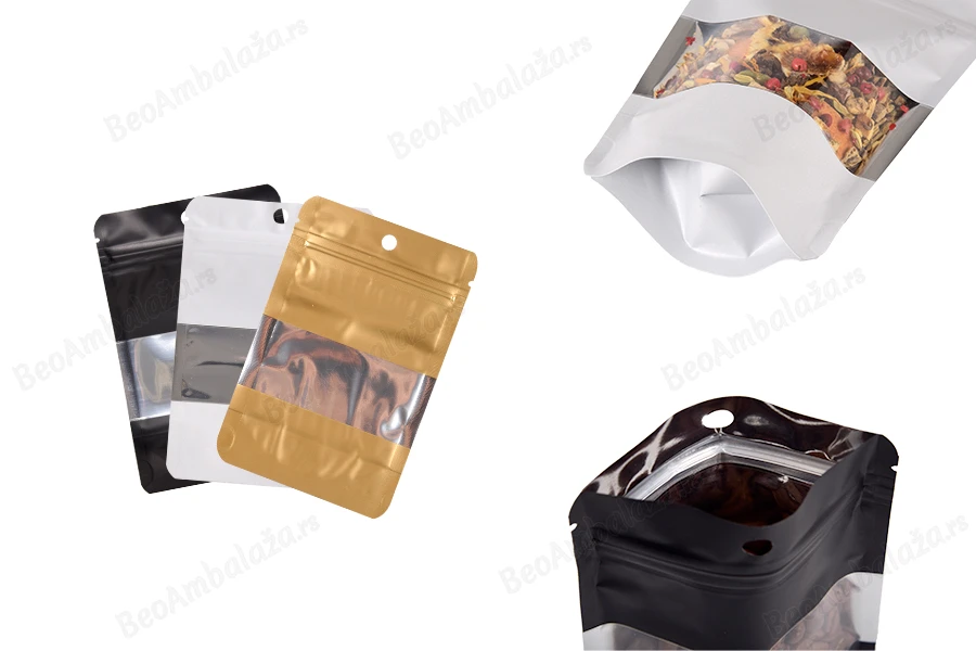Aluminijumske DoyPack kesice sa zip zatvaranjem, prozorom, ovalnim dnom i sa mogućnošću termo lepljenja 100x30x150mm - 100kom-slika_proizvoda