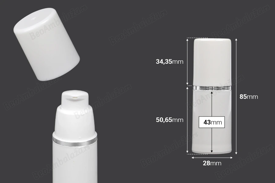 Airless plastična bela flašica 15mL za kreme sa srebrnom linijom-dimenzije_slike