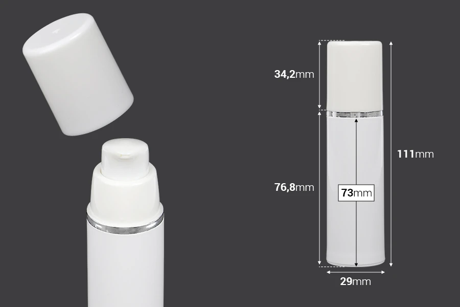 Airless bela plastična bočica 30mL za kreme sa srebrnom linijom i belim zatvaračem