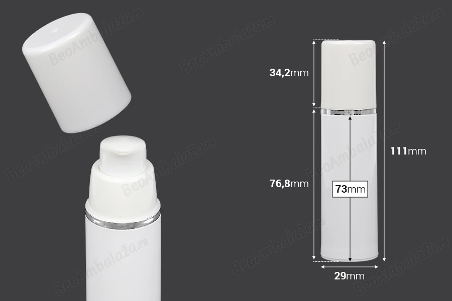 Airless bela plastična bočica 30mL za kreme sa srebrnom linijom i belim zatvaračem-dimenzije_slike