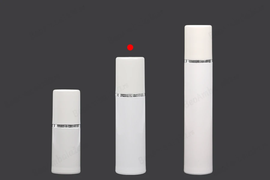 Airless bela plastična bočica 30mL za kreme sa srebrnom linijom i belim zatvaračem-grupa_slika