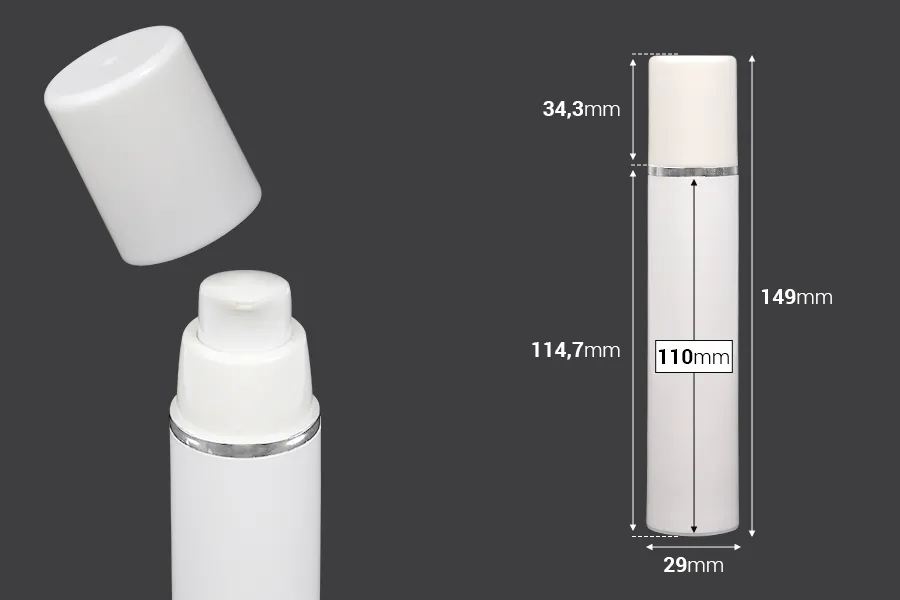 Airless bela plastična bočica 50mL za kreme sa srebrnom linijom i belim zatvaračem