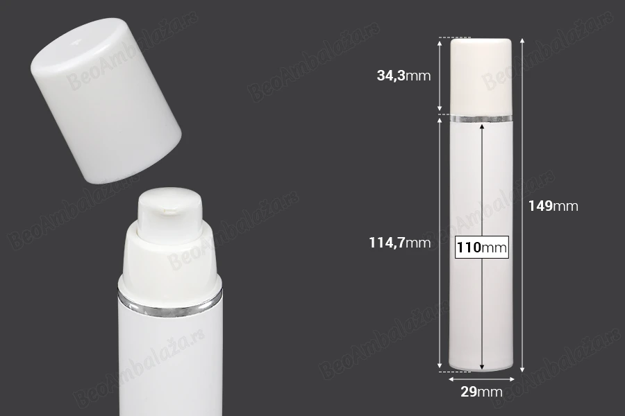 Airless bela plastična bočica 50mL za kreme sa srebrnom linijom i belim zatvaračem-dimenzije_slike