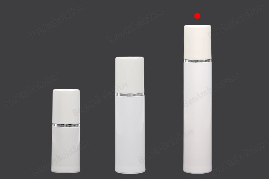 Airless bela plastična bočica 50mL za kreme sa srebrnom linijom i belim zatvaračem-grupa_slika