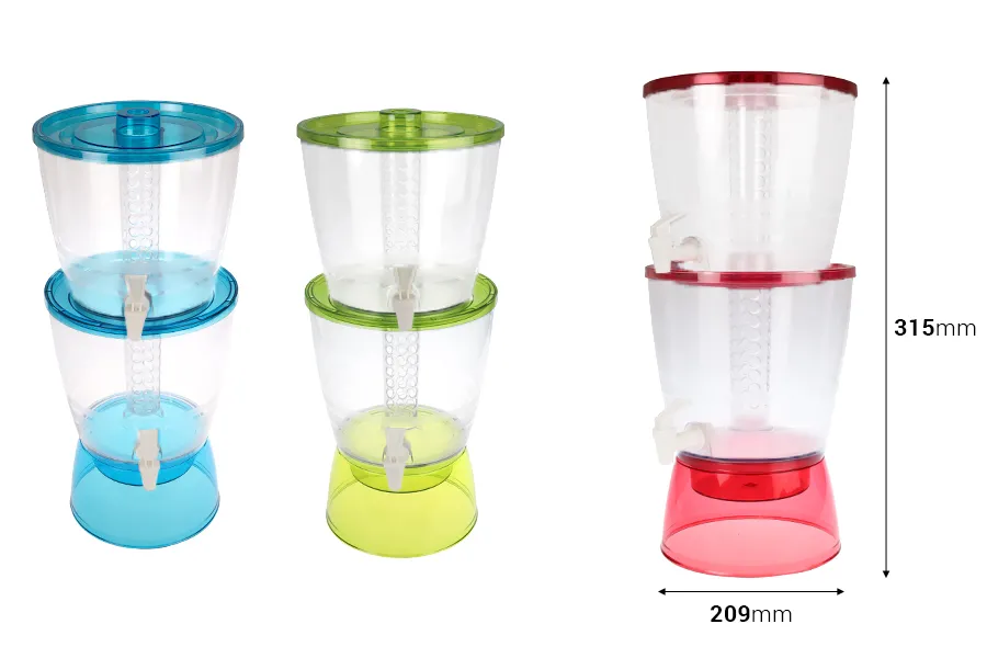 Dve plastične posude spojene u jednoj sa 2 slavine i unutrašnjom pregradom za led u 3 boje – 13 litara