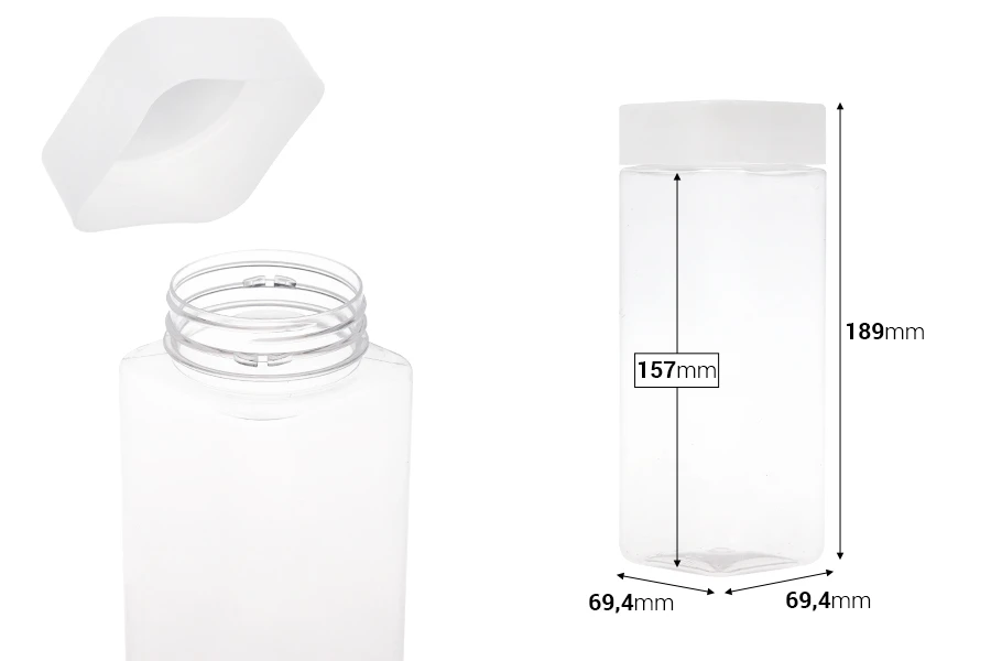 Plastična (PET) kockasta tegla za soli za kupanje 750mL, sa belim zatvaračem i zaptivkom na indukciono lepljenje