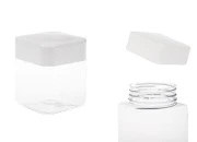 Plastična (PET) kockasta tegla za soli za kupanje 280mL, sa belim zatvaračem i zaptivkom na indukciono lepljenje