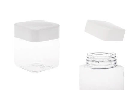 Plastična (PET) kockasta tegla za soli za kupanje 280mL, sa belim zatvaračem i zaptivkom na indukciono lepljenje-1