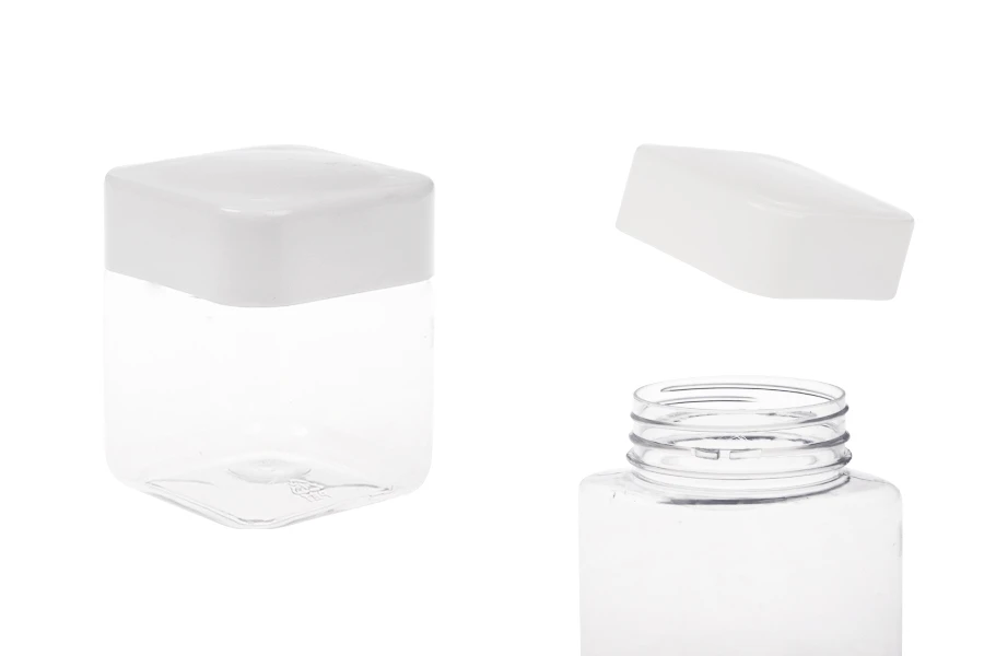 Plastična (PET) kockasta tegla za soli za kupanje 280mL, sa belim zatvaračem i zaptivkom na indukciono lepljenje