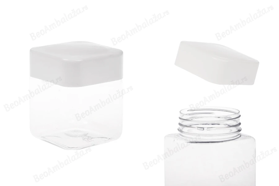 Plastična (PET) kockasta tegla za soli za kupanje 280mL, sa belim zatvaračem i zaptivkom na indukciono lepljenje-slika_proizvoda