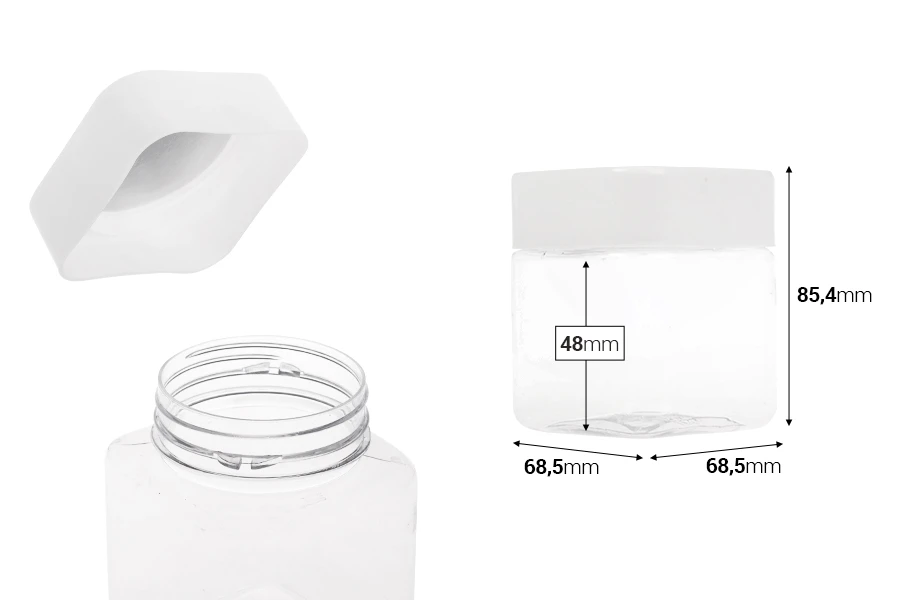 Plastična (PET) kockasta tegla za soli za kupanje 280mL, sa belim zatvaračem i zaptivkom na indukciono lepljenje