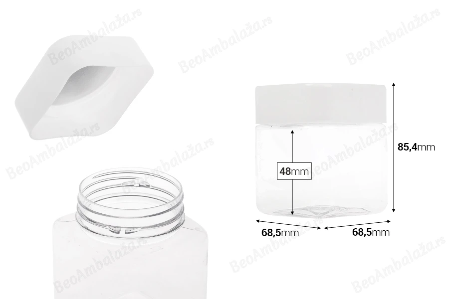 Plastična (PET) kockasta tegla za soli za kupanje 280mL, sa belim zatvaračem i zaptivkom na indukciono lepljenje-dimenzije_slike