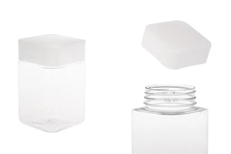 Plastična (PET) kockasta tegla za soli za kupanje 400mL, sa belim zatvaračem i zaptivkom na indukciono lepljenje-1