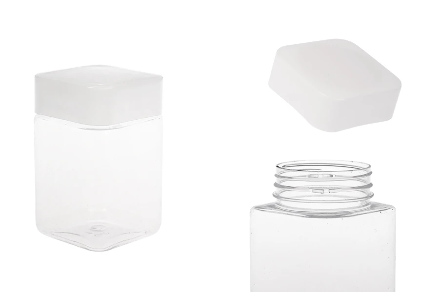 Plastična (PET) kockasta tegla za soli za kupanje 400mL, sa belim zatvaračem i zaptivkom na indukciono lepljenje Plastična (PET) kockasta tegla za soli za kupanje 400mL, sa belim zatvaračem i zaptivkom na indukciono lepljenje