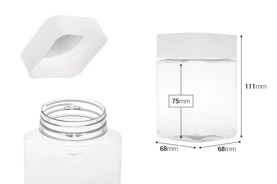 Plastična (PET) kockasta tegla za soli za kupanje 400mL, sa belim zatvaračem i zaptivkom na indukciono lepljenje Plastična (PET) kockasta tegla za soli za kupanje 400mL, sa belim zatvaračem i zaptivkom na indukciono lepljenje