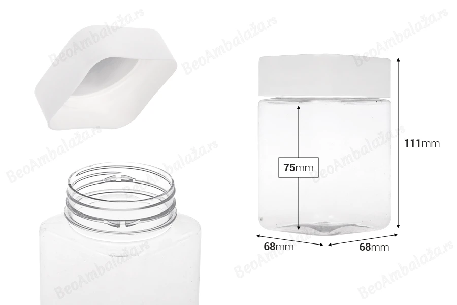 Plastična (PET) kockasta tegla za soli za kupanje 400mL, sa belim zatvaračem i zaptivkom na indukciono lepljenje-dimenzije_slike