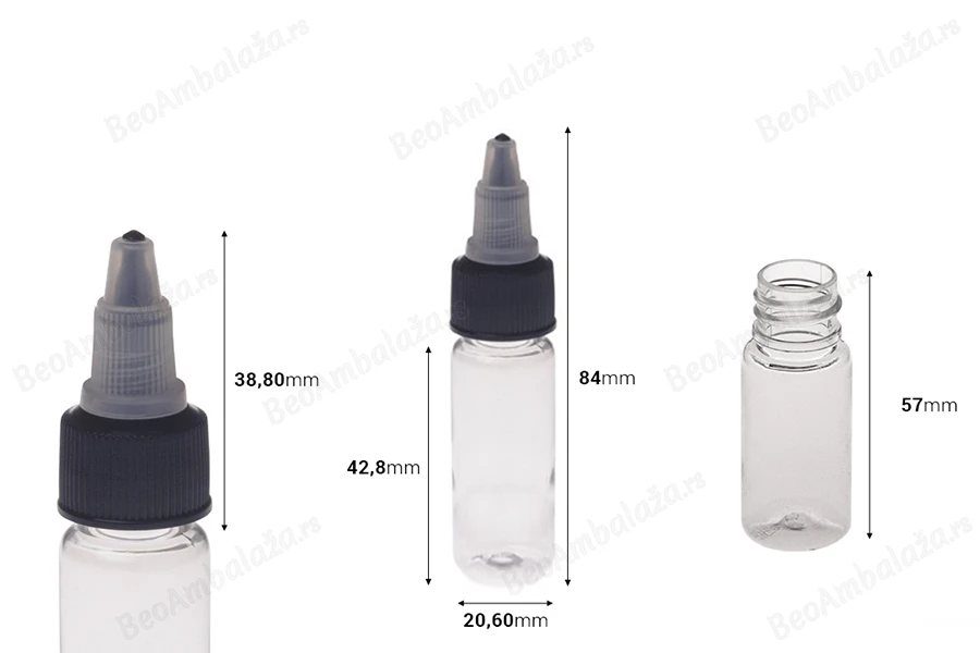 Plastična PET bočica 10mL sa crnim "unicorn" poklopcem za elektronsku cigaretu - 50 kom-dimenzije_slike