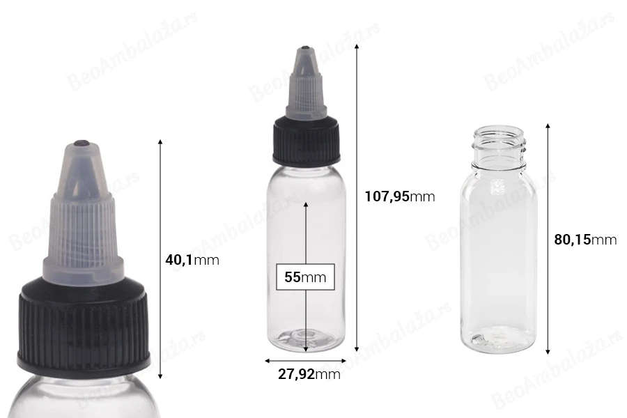Plastična PET bočica 30mL sa crnim "unicorn" poklopcem za elektronsku cigaretu - 50 kom-dimenzije_slike