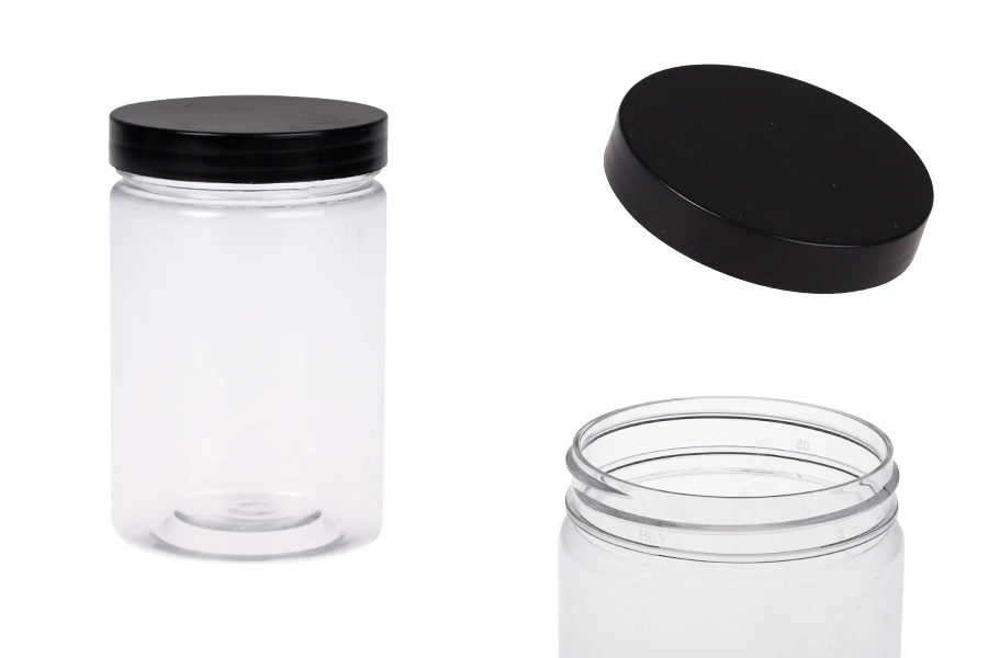Plastična PET kutija 250mL za soli za kupanje, sa crnim zatvaračem 65x100 mm Plastična PET kutija 250mL za soli za kupanje, sa crnim zatvaračem 65x100 mm