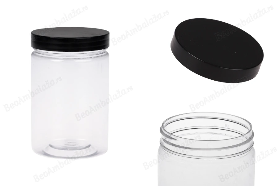 Plastična PET kutija 250mL za soli za kupanje, sa crnim zatvaračem 65x100 mm-slika_proizvoda