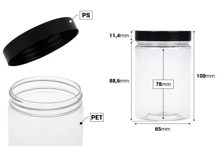 Plastična PET kutija 250mL za soli za kupanje, sa crnim zatvaračem 65x100 mm-2